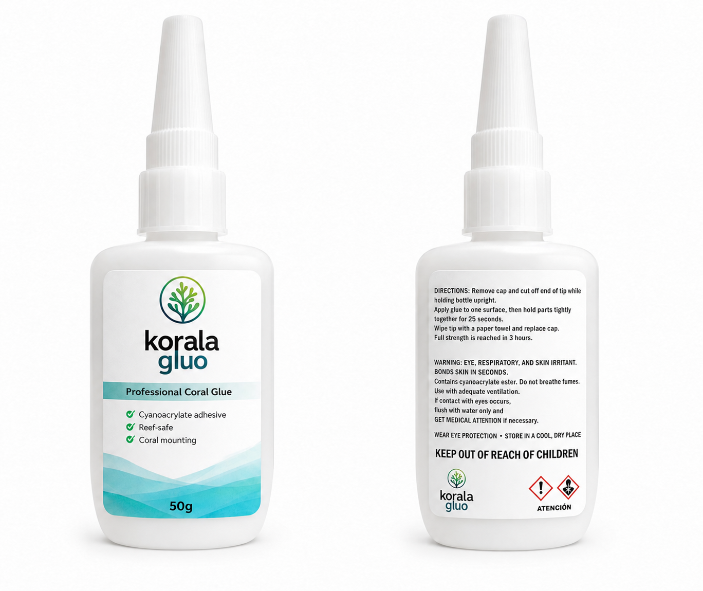 Frente y reverso del frasco Korala Gluo de 50 g